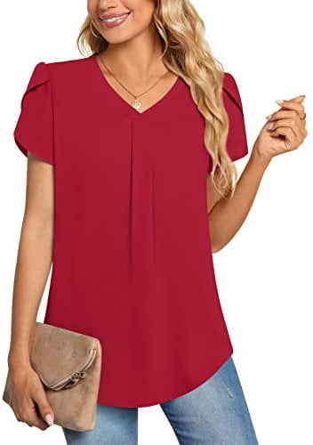 Aodemo Women Summer Dressy Chiffon Blouse Petal Short Sleeve V Neck Tunic Tops Office Casual T-Shirt L, Red