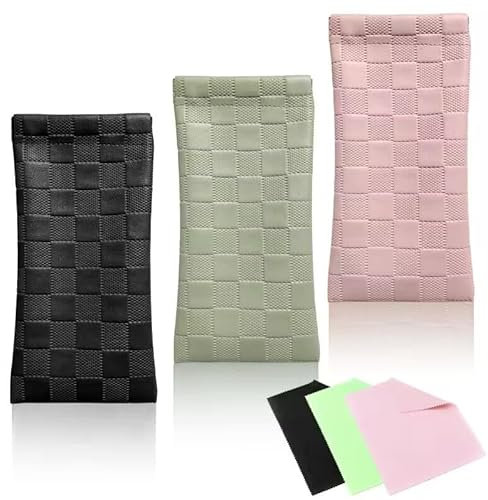 NCOALE Soft Leather Glasses Case, 3 Pack Portable Squeeze Top Sunglasses Case with Cleaning Cloth, Water Proof Geometric Plaid Glasses Pouch Storage Bags Suitable for Women Men (Black, Green, Pink)