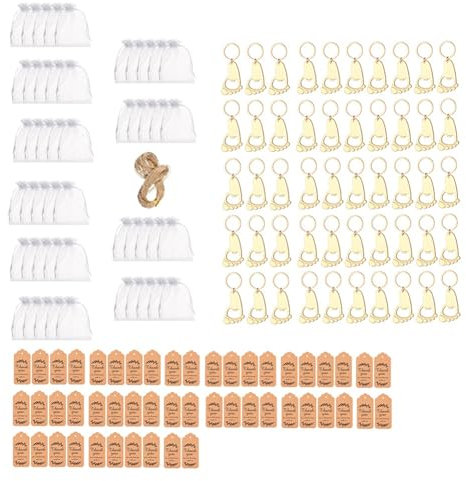 Geieold DIY 50 Pieces Foot Keychain Bottle Opener Baby Shower Favors for Guest Souvenirs and Decor Gauze Bags Tags and Rope