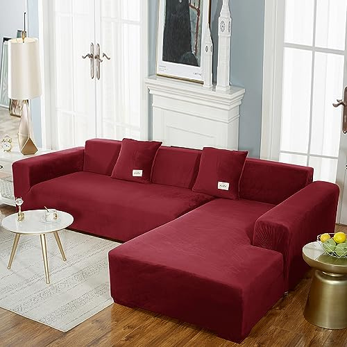 OKJK Sofa überzug aus samt, Sofabezug l Form für Wohnzimmer, maschinenwaschbar, Sofaschoner rutschfest, Sofa überzug ecksofa, weicher und bequemer Stoff, staubdicht (Wine red,1-seat 90-140cm 1pc)