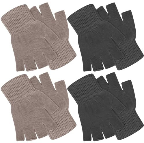 SATINIOR 4 Paar Winter Halbfinger Handschuhe Gestrickte Fingerlose Fäustlinge Warme Dehnbare Handschuhe für Damen und Herren, Dunkelgrau, Hellbraun, Medium