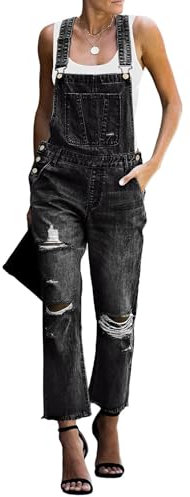 Roskiky Salopette da donna in jeans regolabili con elastico casual, Nero di mezzanotte, XXL