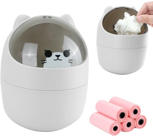 IBEQUEM Mini TischmüLleimer mit Deckel, Süße Cartoon Tisch Mülleimer, Tragbarer Abnehmbarer Tischabfalleimer mit 5 Rollen Müllsäcke für BüRos, Kinderzimmer, Schminktisch, Wohnzimmer (Grau)