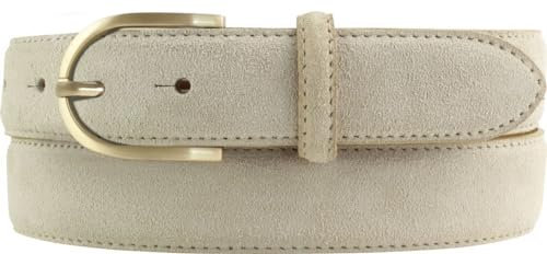 Damen-Gürtel aus Veloursleder 3,0 cm | Velour-Ledergürtel für Damen 30mm | Wildleder-Gürtel mit runder, goldener Gürtelschließe | Beige 90cm