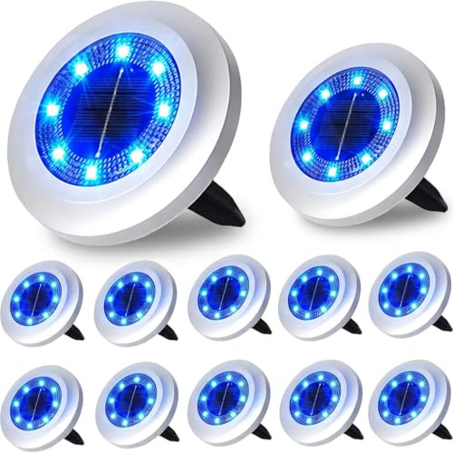 Puncools Solar Lights Outdoor Garden,12 Pack Waterproof Solar Ground Lights for Lawn Pathway Yard Landscape Walkway(Blue White)