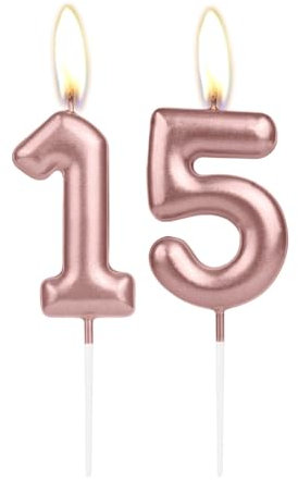 Sparkling Light Rose Gold 15th Birthday Number Candle, Rose Gold Number 15 Cake Candle, Birthday Cake Topper Cupcake Girl Boy, Wedding Anniversary Decoration