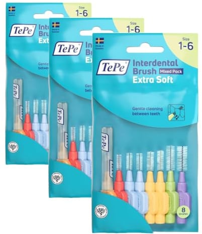 TEPE Interdental Brushes Extra Soft - Mixed Pack with Sizes 0.45-1.1Mm, Simple and Effective Cleaning of Interdental Spaces, 1 X 8 Brushes 8 (Pack of 3)