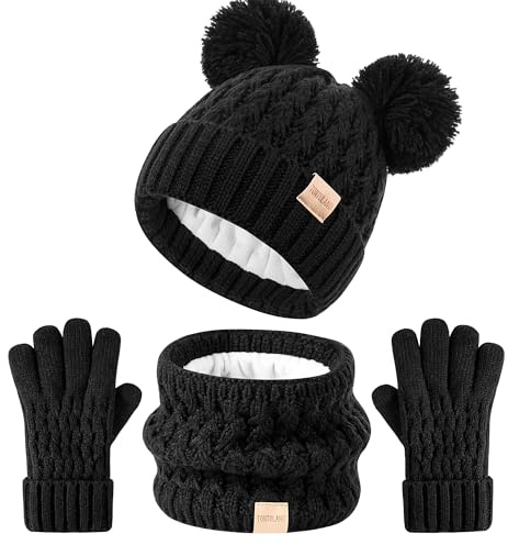 Tontuland Kinder Wintermütze Schal Handschuhe Set Kinder warm stricken Fleece gefüttert PomPom Hut für Kinder im Alter von 3-9, perfekt für Jungen und Mädchen