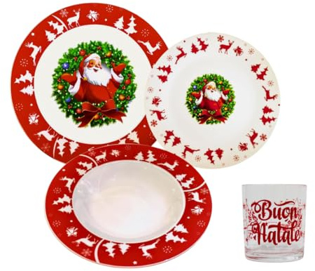 Omniacasa Set Piatti di Natale 24 Pezzi | 18 Piatti Porcellana e 6 Bicchieri di Natale Per 6 Persone Decoro Babbo Natale Con Ghirlanda Natalizia Paesaggio Renne ed Albero