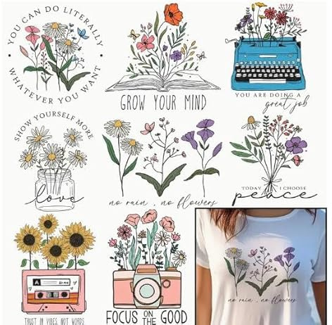 8pcs Vintage Flowers Leaf Daisy Iron On Transfers for T-Shirts Rub on Transfers Stickers Vinyl Ready to Press Stickers Iron on Decals for T-Shirts Clothing Hoodie DIY Crafts