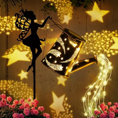Solar Fairy Lights Outdoor,Solar Watering Can Light,Fairy Garden Decor Waterproof Metal Hanging Lantern,Fairy Gardening Gifts,Fairy Garden Decor for Outside,Perfect for Patio Yard