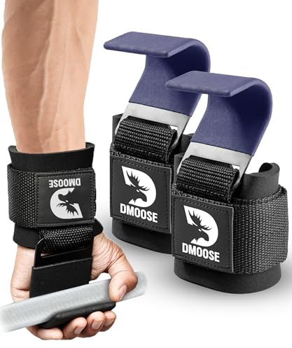 DMoose Weight Lifting Hooks (Pair), Hand Grip Support Wrist Straps for Men and Women, 8 mm Thick Padded Neoprene, Deadlift, Powerlifting, Pull up bar, Liftups, Shrugs (Navy Blue (Flat Hook))