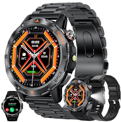 1,53” AMOLED Smartwatch Herren mit Telefonfunktion, Taschenlampe, 5ATM Smart Watch Aktivitätstracker mit 123 Sportmodi Schlafmonitor Schrittzähler Blutdruck Armbanduhr für IOS Android (Schwarz)