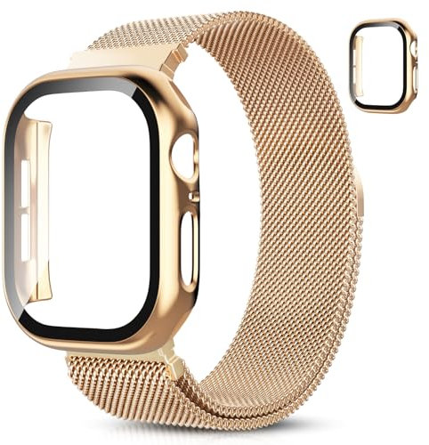 Hexasider Strap with Screen Protector for Apple Watch Straps 38/40/41/42/44/45/46mm Women Men, Stainless Steel Milanese Loop Band and Case iWatch Series 11 10 9 8 7 6 5 4 3 2 1 SE 1/2/3