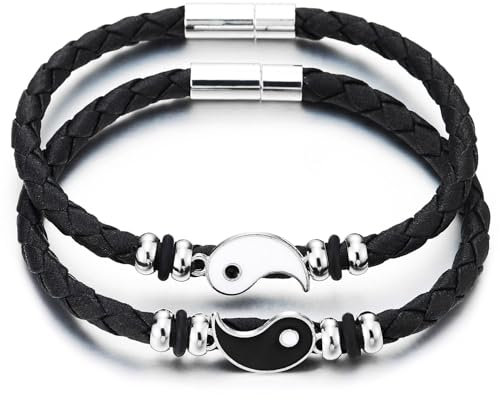COOLSTEELANDBEYOND Paare Yin-Yang Armband, Liebhaber Leder Armband, Seine und Ihres Spirituellen Boho Schmuck, Freundschaft