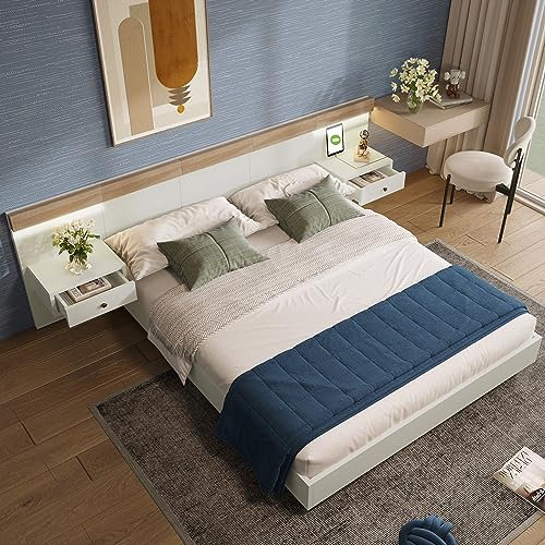 TOBIDOEN Doppelbett 180 x 200 cm, Multifunktionsbett, Holzbett, mit Lattenrost, Bettgestell mit Kopfteil, mit Multifunktionalen Nachttischen, schlafzimmer set, Holz, Ohne Matratze, Weiß mit Eiche