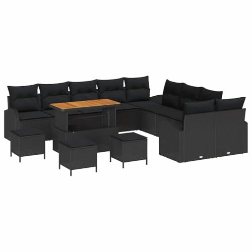 vidaXL Garten-Sofa-Set mit Kissen 14 pcs Schwarz Poly Rattan, Garten und Terrasse, modulare Möbel, verstellbare Füße, rechteckiges Sofa-Set für 13 Personen