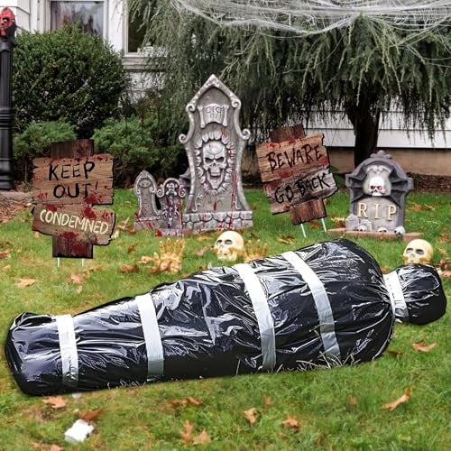 ZZXLOPEZ Halloween Hängende Leiche, Gefälschte Leiche Tote, Halloween Requisiten Dekorationen, Leichensack Set mit Warnband und Eine Luftpumpe, Aufblasbar Gefälschte Leiche, Gruselig Spukhaus Deko