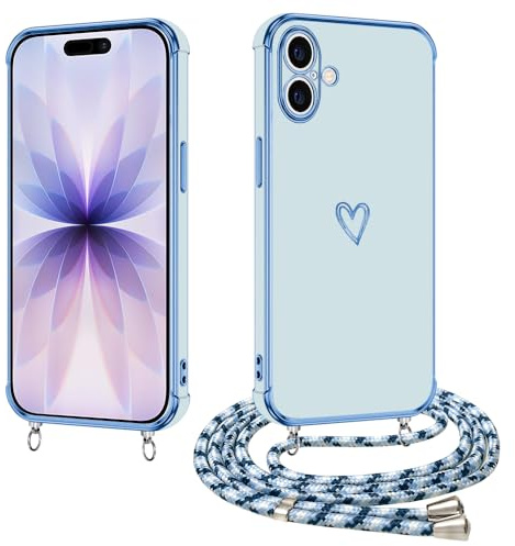 E-Lush Coque pour iPhone 17 avec Cordon, Coque pour iPhone 17 5G Silicone avec Motif Coeur d'amour Mignon Étui Housse Antichoc avec Collier Réglable Lanyard Case, Azul