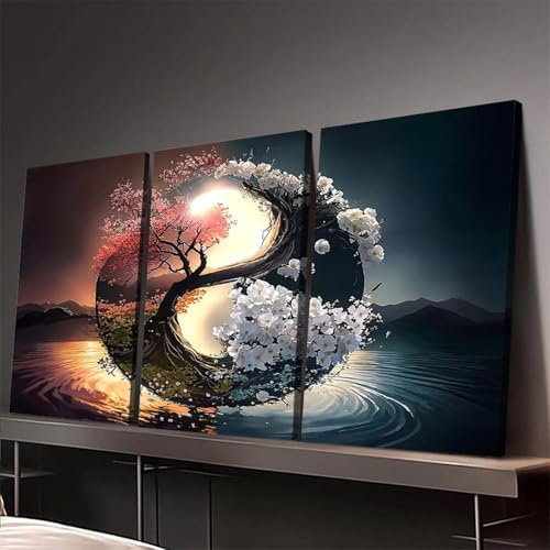 CAOXTART Yin Yang Leinwandbild-Set – Naturlandschaft-Wandkunst, Poster und Drucke mit blühenden Bäumen, moderne Wohndekoration (30 x 40 cm x 3/rahmenlos)