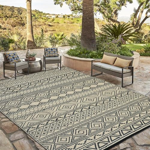 CAROMIO Outdoor-Teppich 270x360 cm Wasserdicht für Terrasse Große Strohmatte aus Kunststoff für Camping Wendbarer Kunststoff-Outdoor-Teppich für Wohnmobil Garten Picknick Strand Camping Schwarz/Braun
