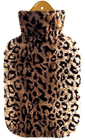 FabaCare Wärmflasche Sänger 2 L, kuscheliger Flauschbezug mit Fellmuster, Naturgummi, 1 Seite Lamellen, Gummiwärmflasche, Wärmeflasche,Leopard