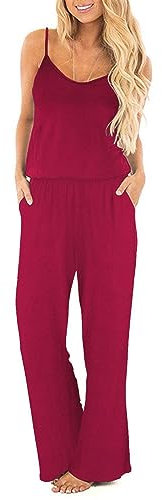 OUGES Damen Sommer Ärmellos Jumpsuit Overall Lang Hosenanzug Casual Playsuit Romper mit Taschen(Wein,M)