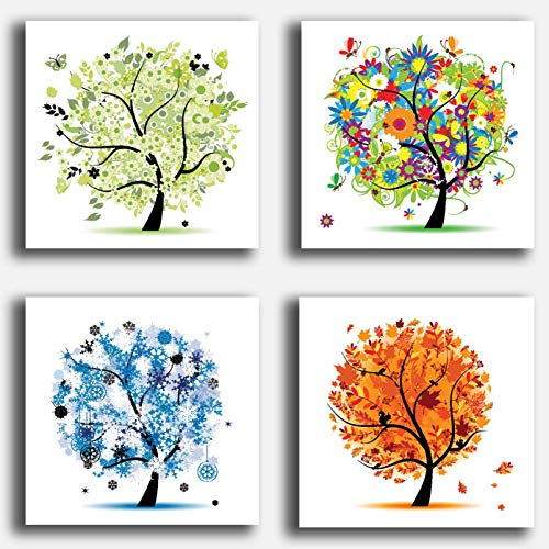 Quadri Moderni 4 pezzi Albero della vita 4 stagioni Klimt Style Stampa Tela CANVAS Arredamento Arte XXL Arredo soggiorno salotto camera letto cucina ufficio bagno bar ristorante (4 pezzi 30x30 cm)