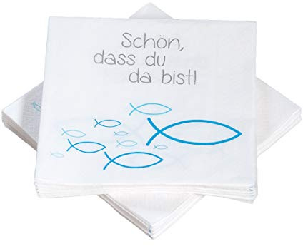 60 Servietten Fische Ichthys 'Schön, DASS du da bist!' 33x33 cm - blau türkis - für Kommunion, Taufe oder andere Festliche Anlässe…