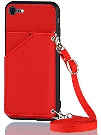 PekaTech Handykette für iPhone 7 / iPhone 8 / iPhone SE 2020/2022, PU-Leder Hülle- Handyhülle mit Band zum Umhängen - Klapptasche Handytasche Case mit Handy-Kette, Kartenfach und Portmonee, Rot