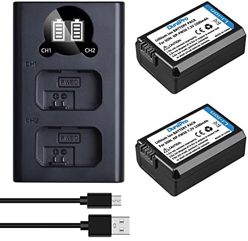 DuraPro Lot de 2 Batteries de Rechange NP-FW50 + Chargeur USB LCD Compatible pour appareils Photo numériques Sony a3000 a6000 a6400 a6500,a7, 7R, a7R, NEX-3, NEX-3N, NEX-5, NEX-5N, NEX-5R, NEX-5T