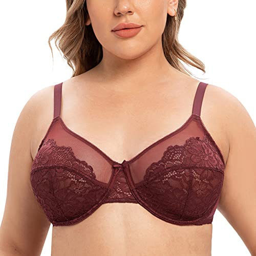 CASOLACE Women's Sexy Lace Full Cup No Padded Minimizer Underwire Bra for Large Busts Cabernet Red 42G