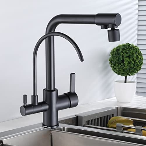 YADLCR 4 Wege Küche Wasserhahn mit Trinkwasserfilterhahn, massivem Messing, Doppelgriff, 4-in-1 Küchenarmaturen Mischbatterie Wasserfilter Für Filtersystem, 360 Grad drehbar (Color : Schwarz)
