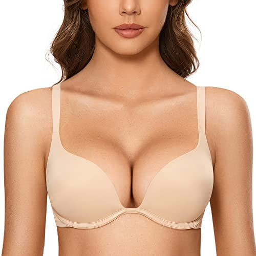 DOBREVA Women's Push Up Bra Plunge Deep V T Shirt Bras Padded Underwire Add One Cup Beige 32A