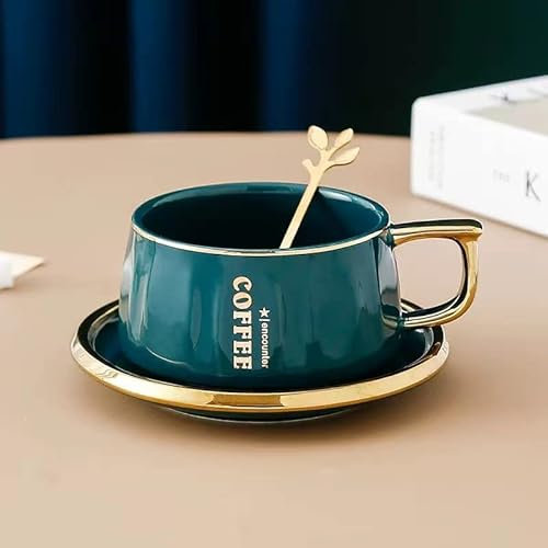 Nordic Royal First-Class Keramik Porzellan Kaffeetassen Set Teetasse Milchtasse mit Untertasse und goldenem Löffel Anzug (Grün)