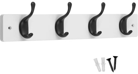 Keypak 4 Matte Black Coat Hooks on White Wooden 46cm Board - Modern Wall Door Mounted Coat Rack Clothes Hanger
