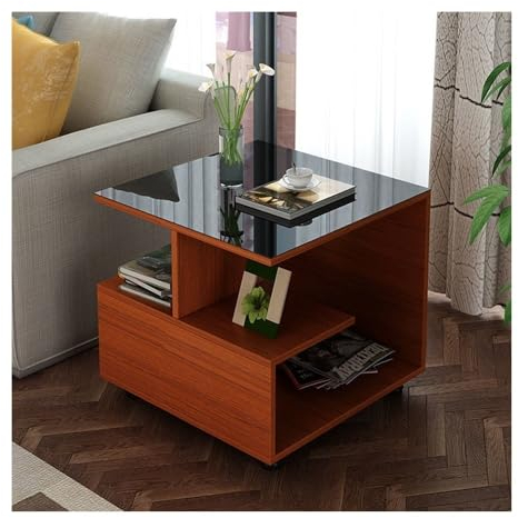 BIENKA Couchtisch Glas 3 Ebenen Tisch Beistelltisch Wohnzimmertisch Sofatisch Glastisch Modernes Design (Color : Teak, Size : 60X60X50cm)