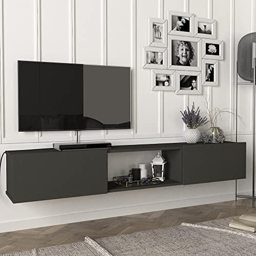 [en.casa] Mueble de TV Flotante Paltamo Mueble de Salón Mesa de TV Suspendido con 3 Compartimientos y 2 Puertas Abatibles 180 x 31 x 30 cm - Antracita