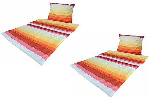MB Warenhandel24 Bettenset 2X Bettdecke ca. 135x200 cm und 2X Kopfkissen ca. 80x80 cm Bettwäsche Bedruckt Allergiker Steppbett & Kopfkissen Bezug 100% Polyester (Orange gestreift)