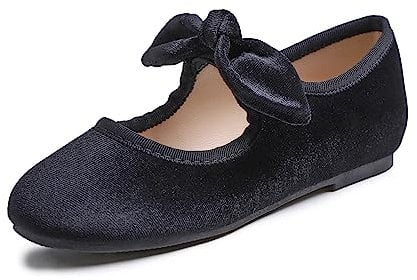 Feversole Girls Cute Dress Mary Jane Shoes Little Kids Casual Buckle Strap Flats Bow Elastic Black Velvet Toddler Size UK 12