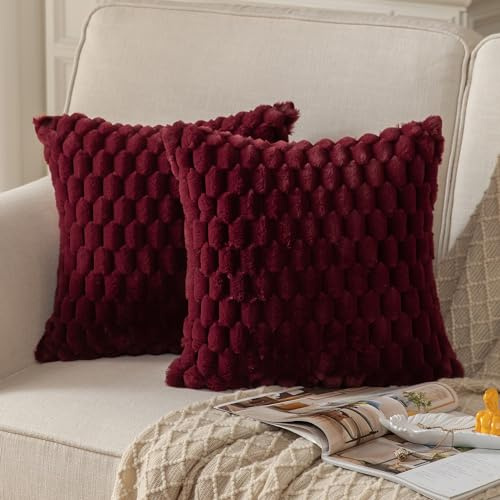Mandioo 2er Set WeinRot superweichen dekorative Plüsch Kissenbezug Kissenbezüge 60 x 60 cm Wollsamt Dekokissenbezüge Kissenhülle Sofakissen Dekokissen flauschig für Couch Sofa Bett Wohnzimmer