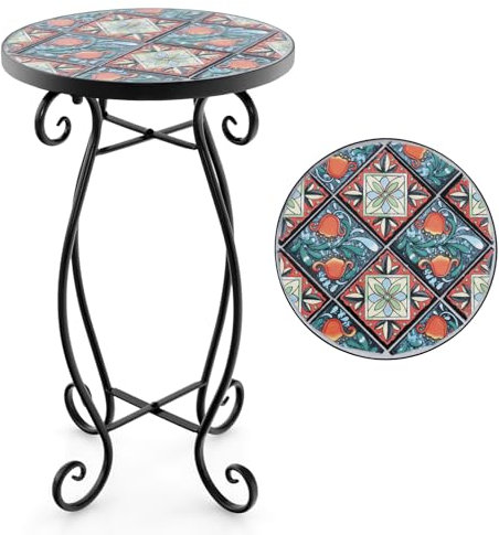 RELAX4LIFE Mosaik Beistelltisch, Gartentisch Rund, Mosaiktisch ∅30 x 50 cm, Bistrotisch aus Metall Keramik, Blumenhocker Klein, Balkontisch für Balkon Terrasse Garten (Bunt)
