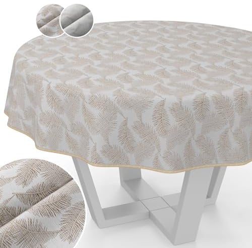 Tischdecke Stoff abwaschbar Lurex Tischtuch Tafeldecke Teflon beschichtet pflegeleicht Lotuseffekt schmutz- & wasserabweisend Kate Floral Blätter Rund 140cm mit Saum (Eingefasst) Gold
