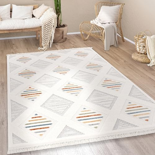 Paco Home Teppich Wohnzimmer Kurzflor Boho Modern Ethno Skandinavisch Geometrisches Muster Fransen, Grösse:160x230 cm, Farbe:Bunt 5