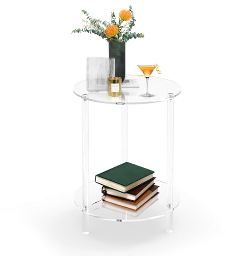 CHONOVO Runder Beistelltisch aus transparentem Acryl für kleine Räume, Couch-/Beistelltisch, 2-stöckige Acryl-Nachttische, Möbel für Wohnzimmer, Schlafzimmer, Badezimmer, Garten, Büro