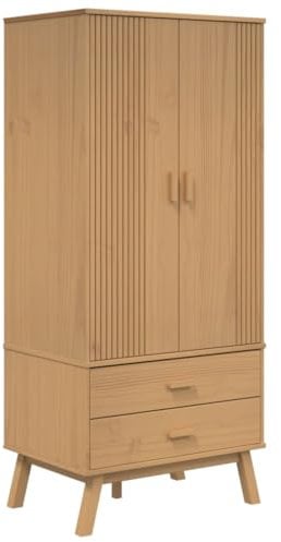 vidaXL Kleiderschrank, Garderobenschrank mit 2 Schubladen 1 Fach, Drehtürenschrank Schrank mit Holzgriffen Holzbeine, Braun Massivholz Kiefer