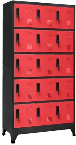 Homgoday Schrank mit Schloss, Anthrazit und Rot, 90 x 40 x 180 cm, Stahl, Nachttisch für Schlafzimmer, Nachttisch, Anrichte für Schlafzimmer, Bodenschrank mit 15 Schränken, Anthrazit und Rot