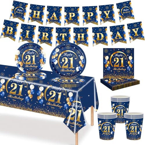 MORAINJAY 70P 21st Birthday Tableware Blue Gold, 21st Birthday Cups Plates Napkins Tablecloth Paper, Table Decoration Set for Men Women Party Supplies (16 Guests)