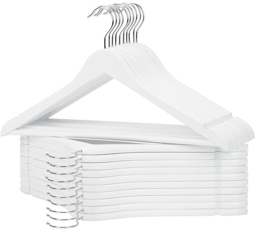 KROWN - Perchas de Madera Natural Antideslizantes con Muescas, Ideales para Trajes, Abrigos, Chaquetas, Camisas y Pantalones, Gancho Giratorio de 360° (Blanco, 6 Unidades)