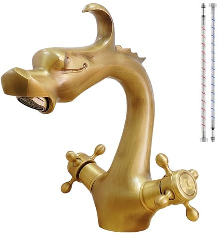 KOPYFANTAP Rubinetto Lavabo Ottone Antico, Doppio Manico Miscelatore Bagno Bronzo Retrò, Vintage Testa Drago Rubinetti Lavello Patio Esterno con Acqua Calda e Fredda (19.5CM)